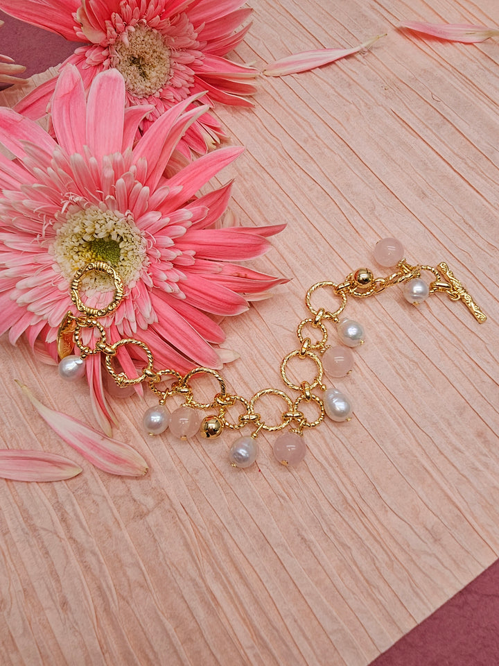 Pink Rose Quartz & Pearl Chain Bracelet RB011