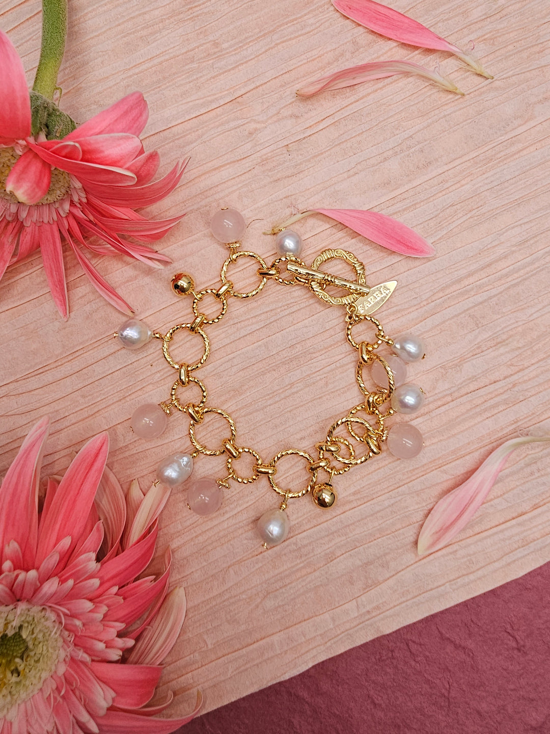 Pink Rose Quartz & Pearl Chain Bracelet RB011