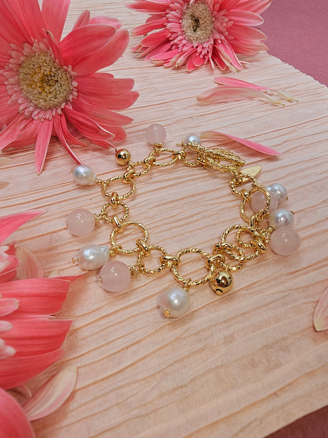 Pink Rose Quartz & Pearl Chain Bracelet RB011