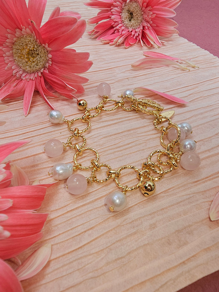 Pink Rose Quartz & Pearl Chain Bracelet RB011