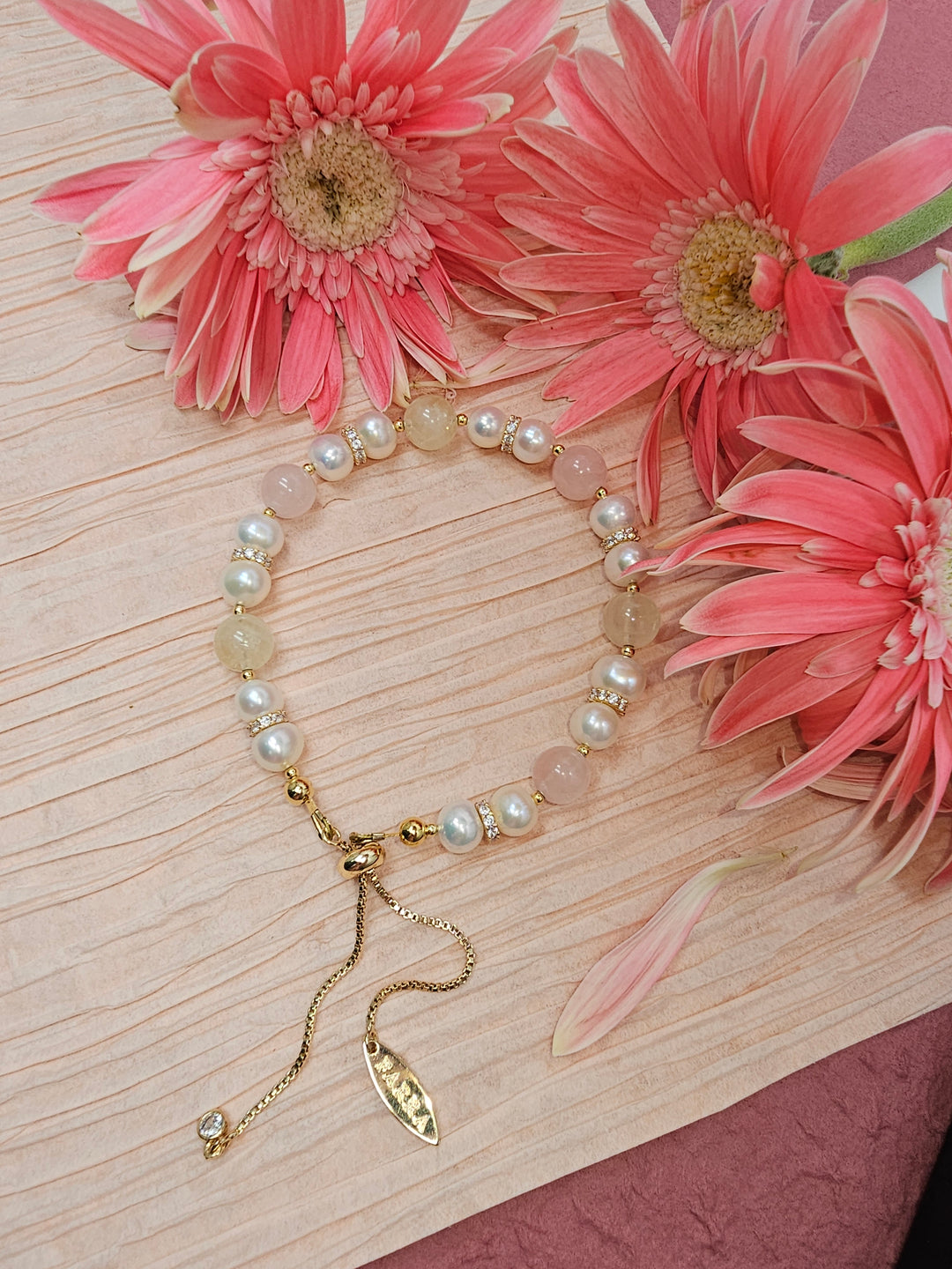 Macaron Pink Rose Quartz Yellow Citrine & Pearls Bracelet RB009
