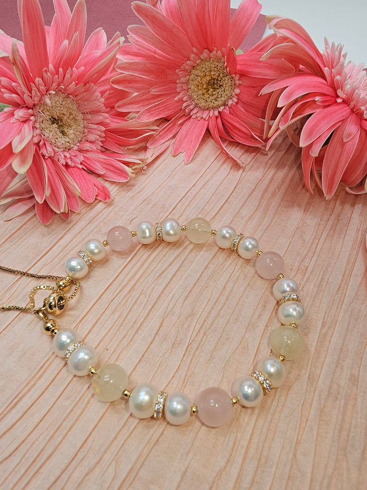 Macaron Pink Rose Quartz Yellow Citrine & Pearls Bracelet RB009