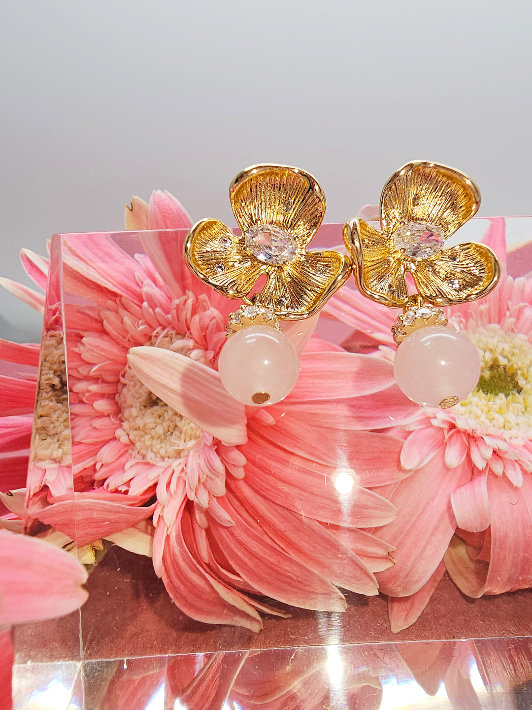 Floral Rose Quartz Dangle Stud Earrings RE014