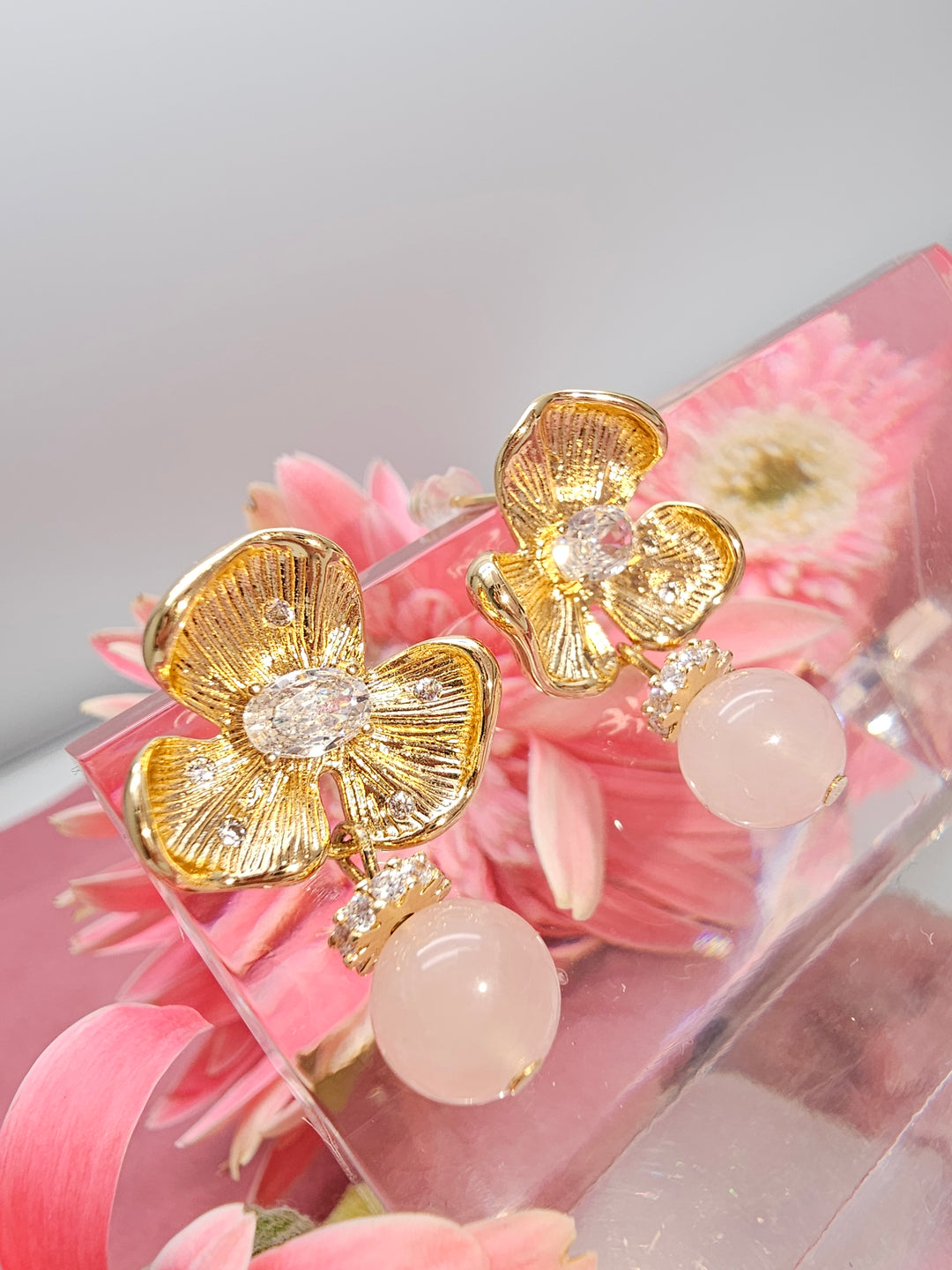 Floral Rose Quartz Dangle Stud Earrings RE014