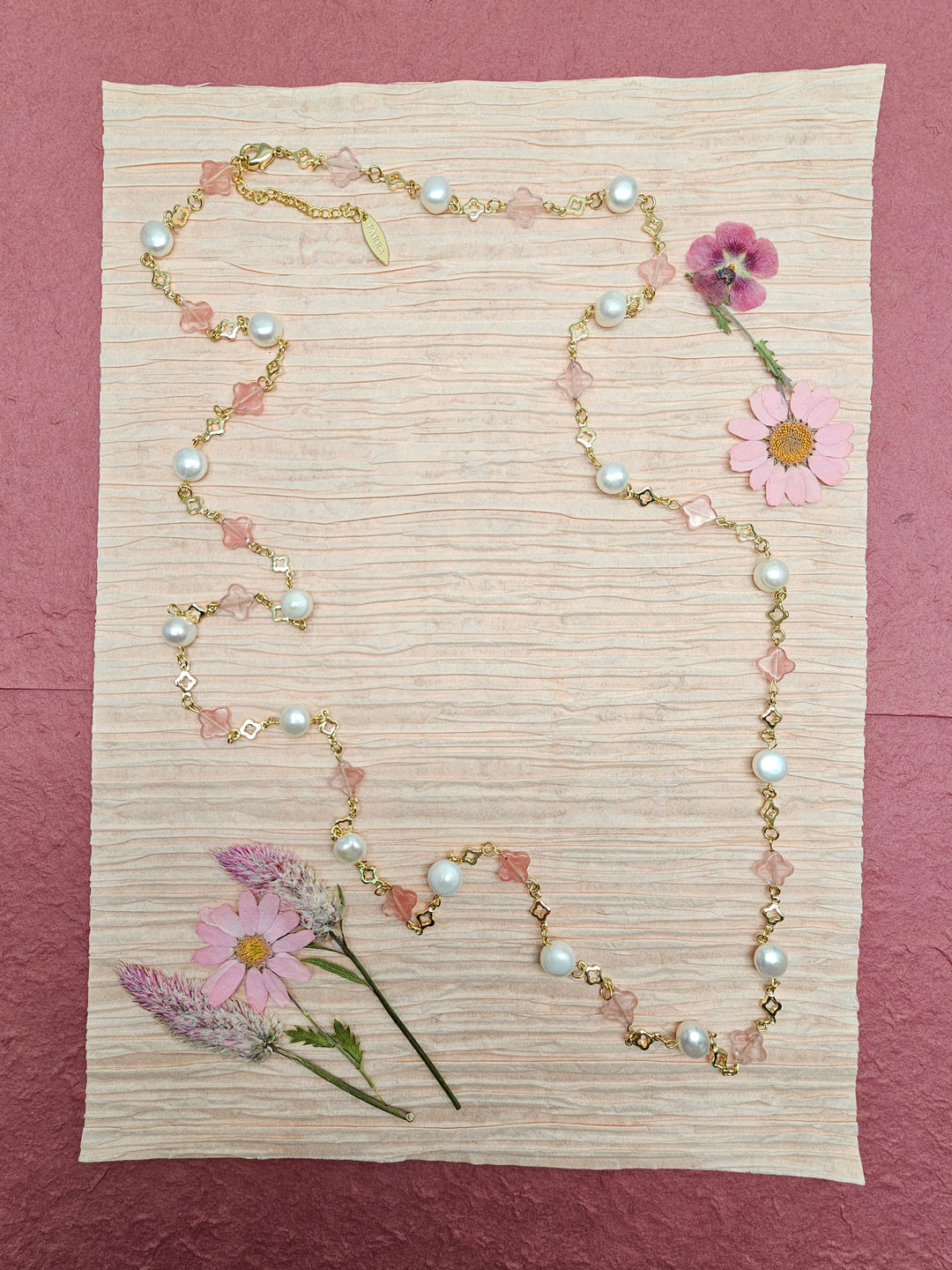 Pink Watermelon Quartz And Freshwater Pearl Station Necklace RN019