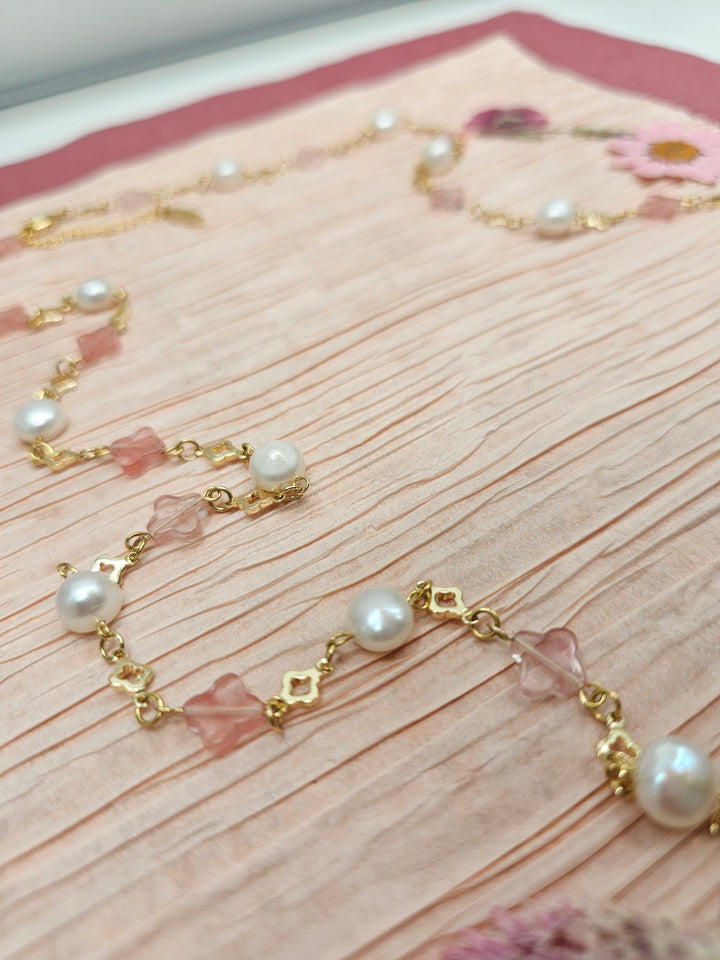 Pink Watermelon Quartz And Freshwater Pearl Station Necklace RN019