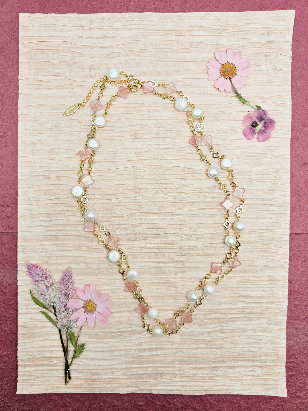 Pink Watermelon Quartz And Freshwater Pearl Station Necklace RN019