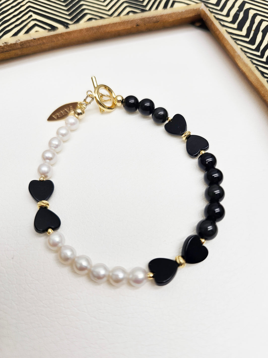Bowknot Black Obsidian And White Freshwater Pearl Bracelet RB020