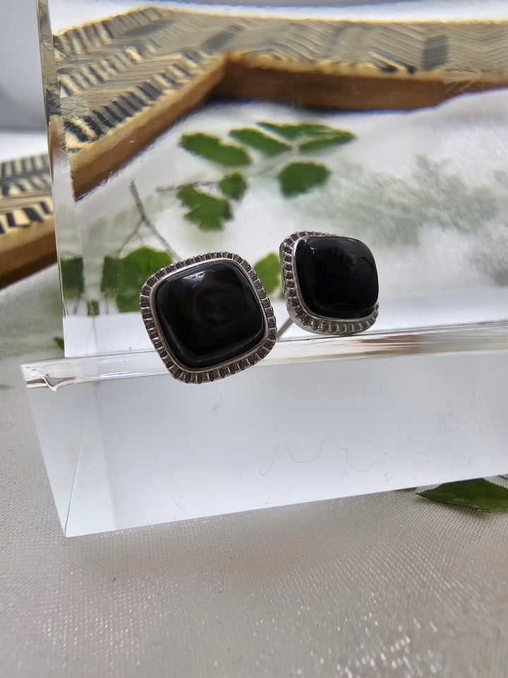 Square Shaped Black Agate Stud Earrings RE028