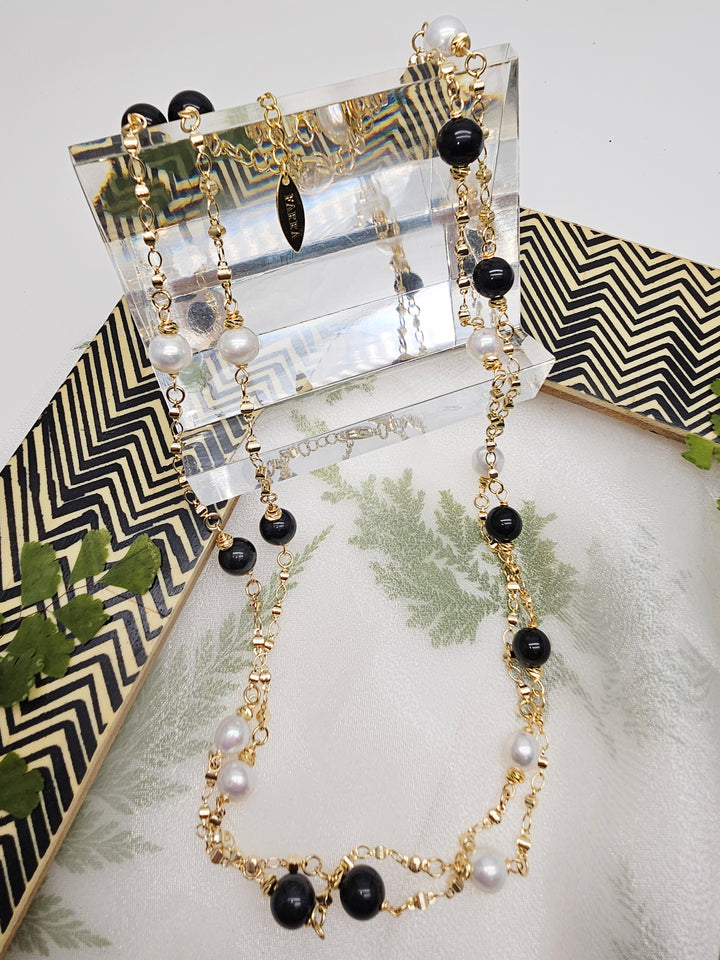 Black Obsidian And White Pearls Long Necklace RN039