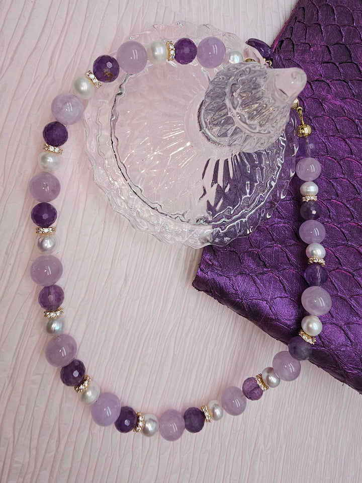 Mixed Shade Amethyst And Freshwater Pearl Beaded Necklace RN021