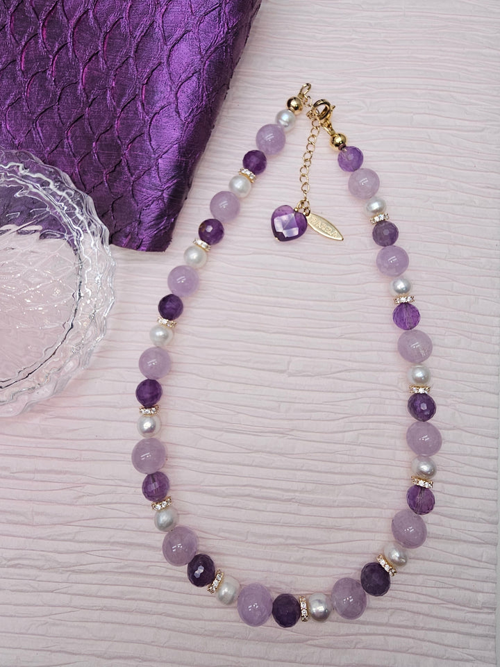 Mixed Shade Amethyst And Freshwater Pearl Beaded Necklace RN021