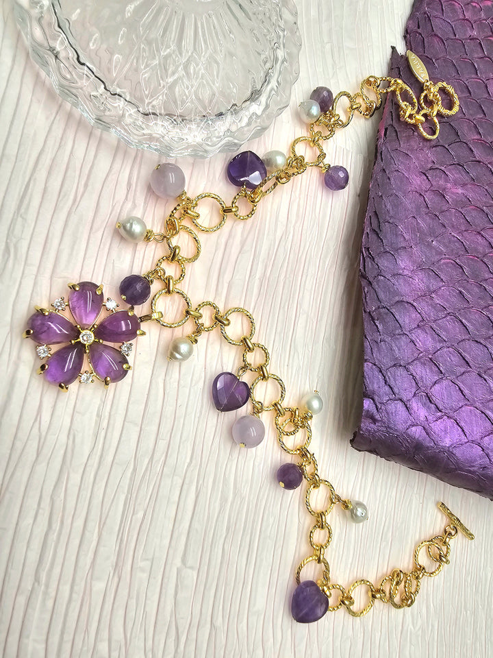 Amethyst Charm And Flower Pendant Necklace RN022