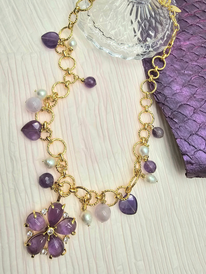 Amethyst Charm And Flower Pendant Necklace RN022