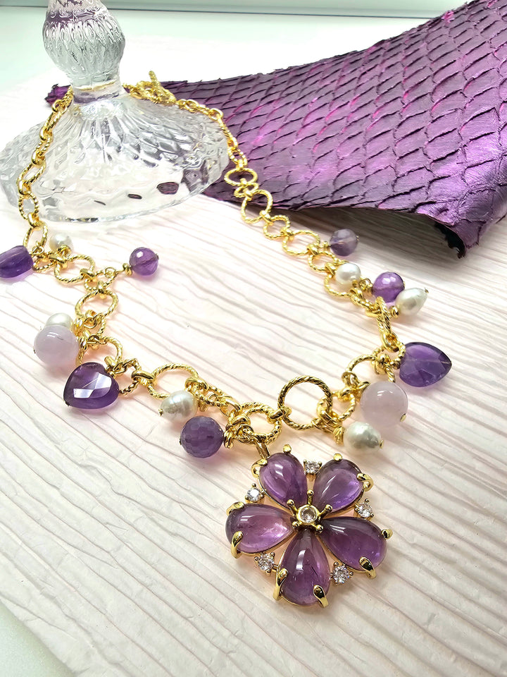 Amethyst Charm And Flower Pendant Necklace RN022