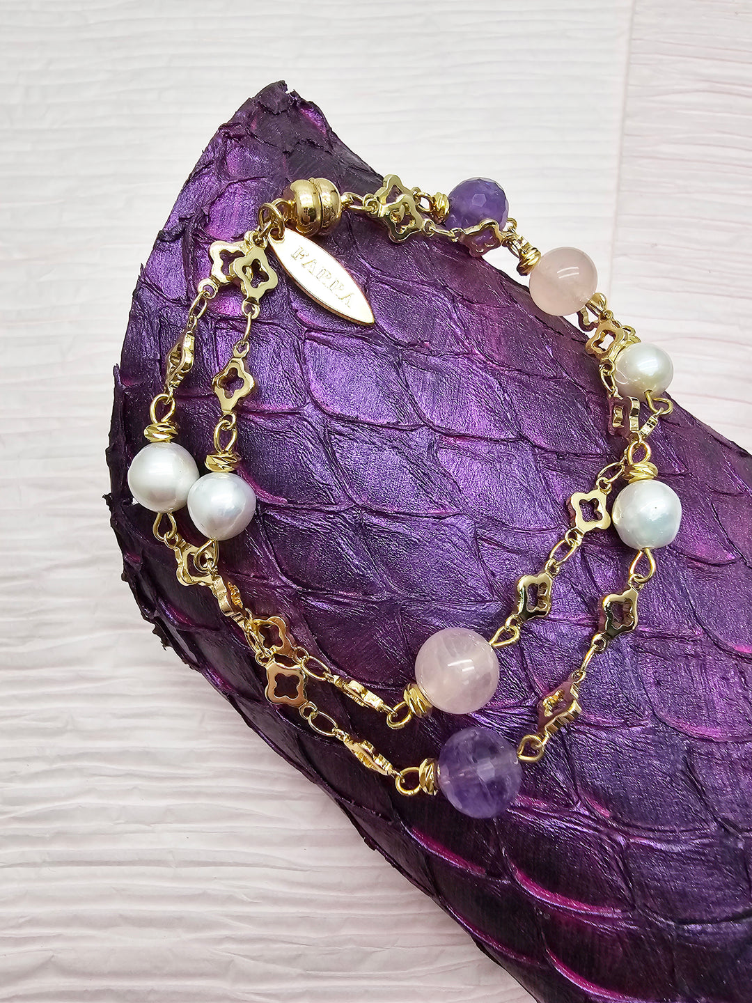 Rose quart Amethyst And Freshwater Pearl Double Layers Chain Bracelet RB015