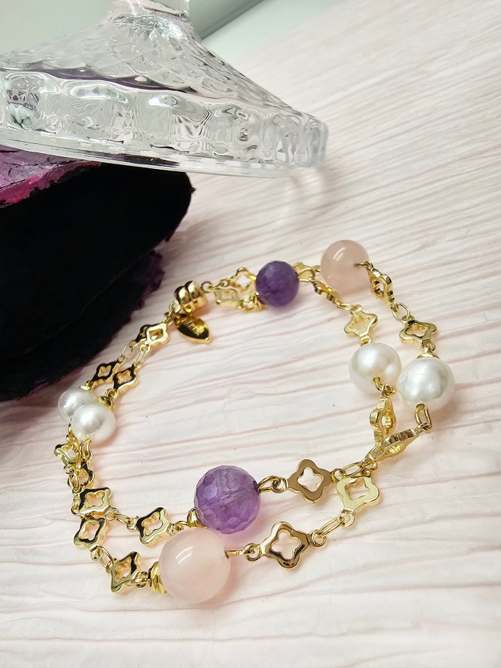 Rose quart Amethyst And Freshwater Pearl Double Layers Chain Bracelet RB015