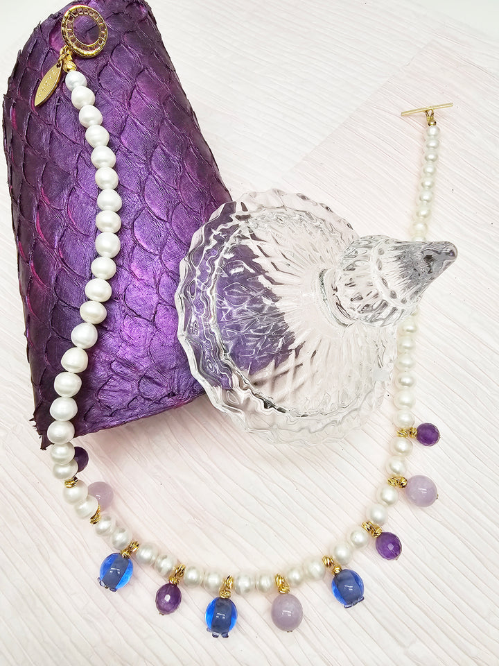 Freshwater Pearl With Blue Berry And Purple Amethyst Drop Necklace RN023
