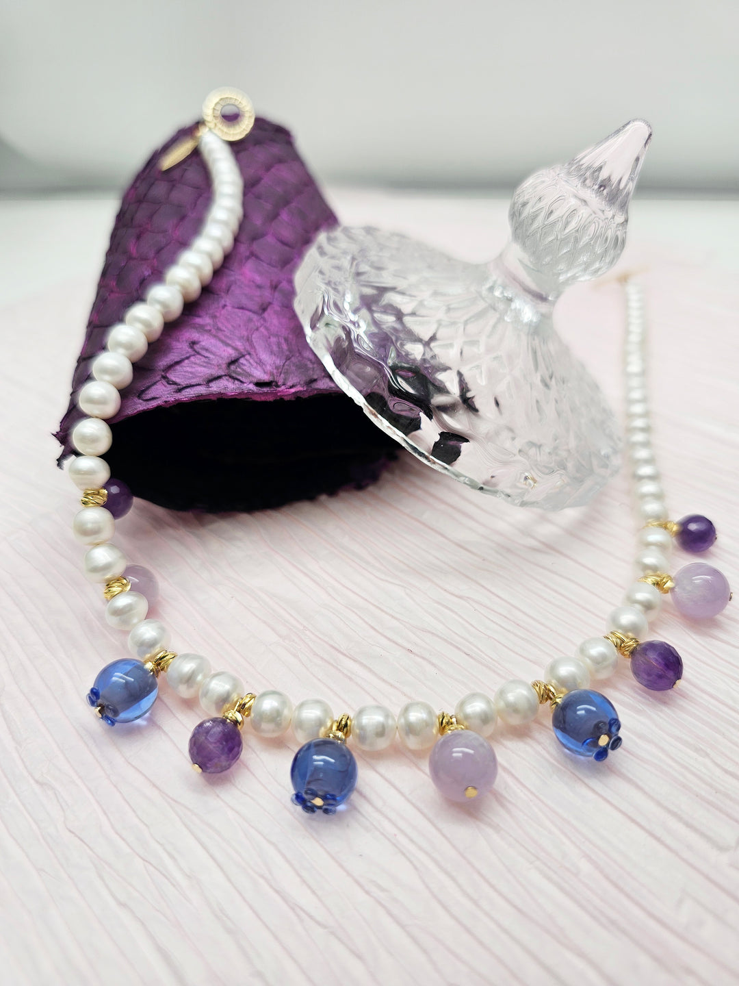 Freshwater Pearl With Blue Berry And Purple Amethyst Drop Necklace RN023