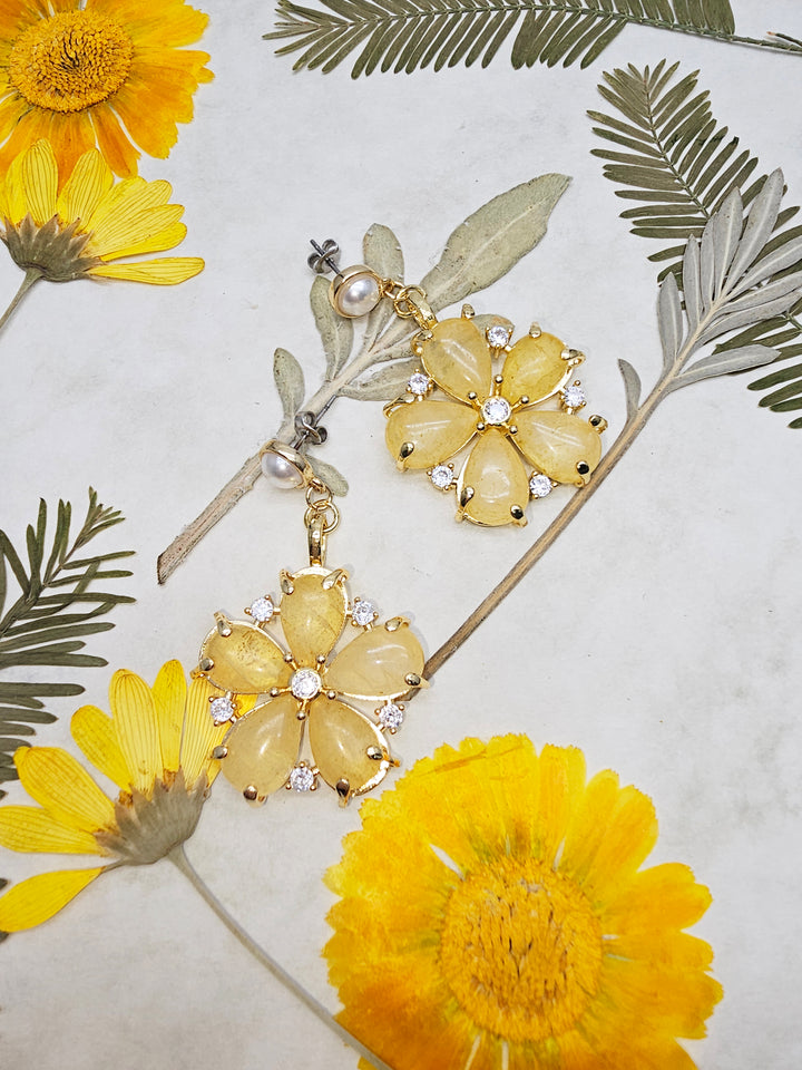 Citrine Flower Dangle Statement Earrings RE009