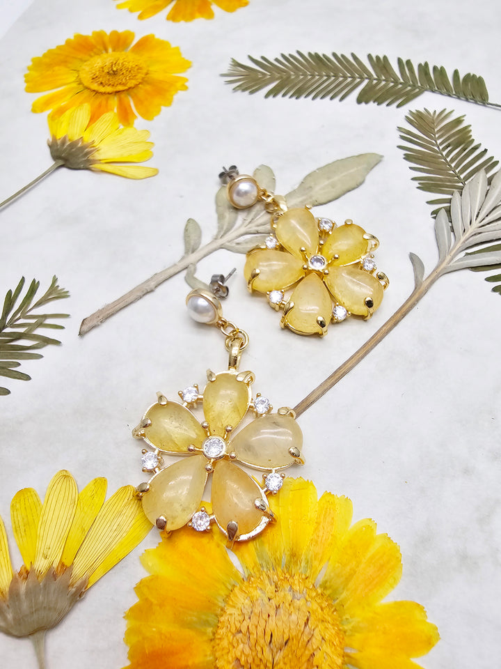 Citrine Flower Dangle Statement Earrings RE009