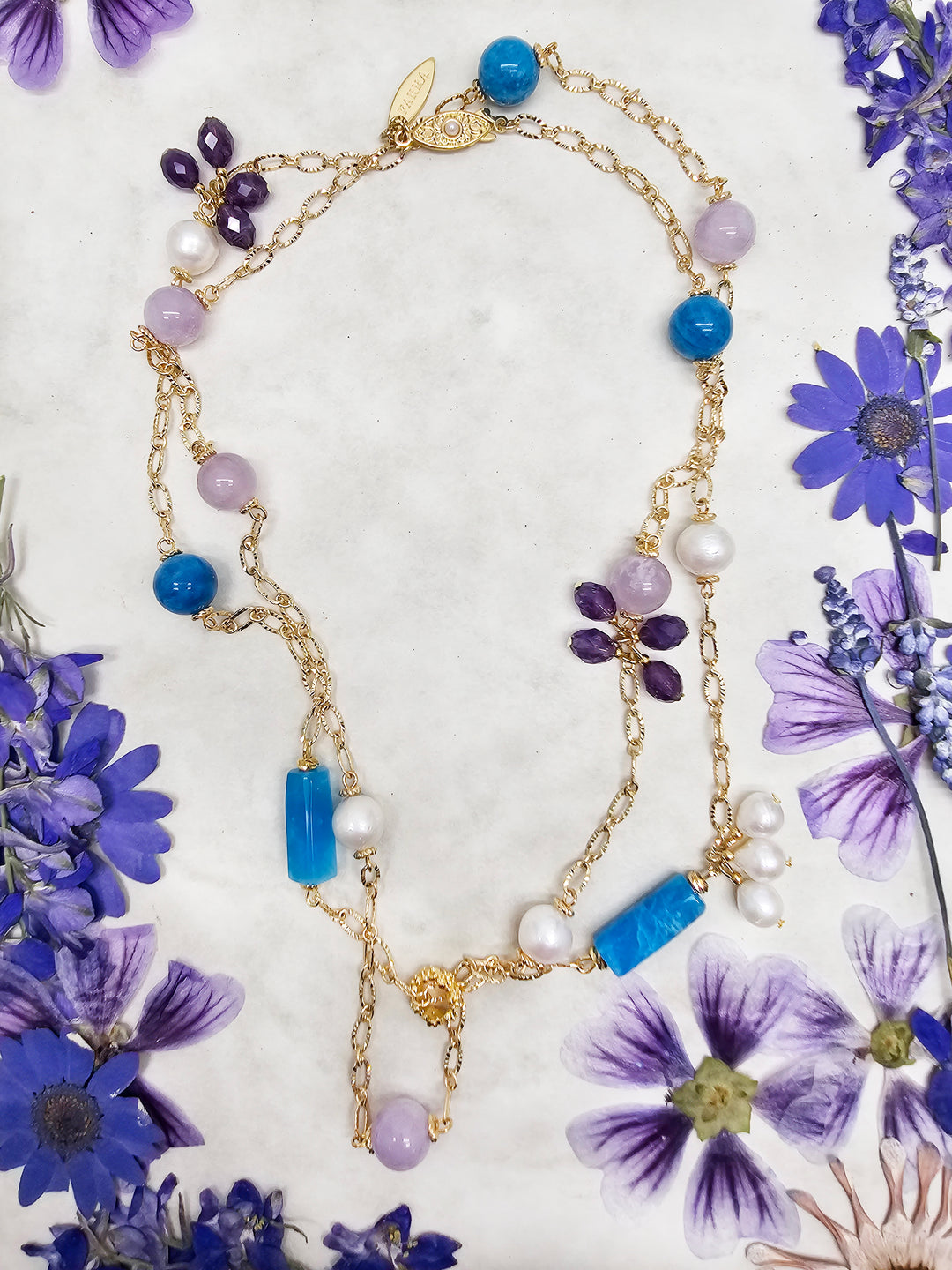 Agate Amethyst Multi Gemstone Station Necklace RN025