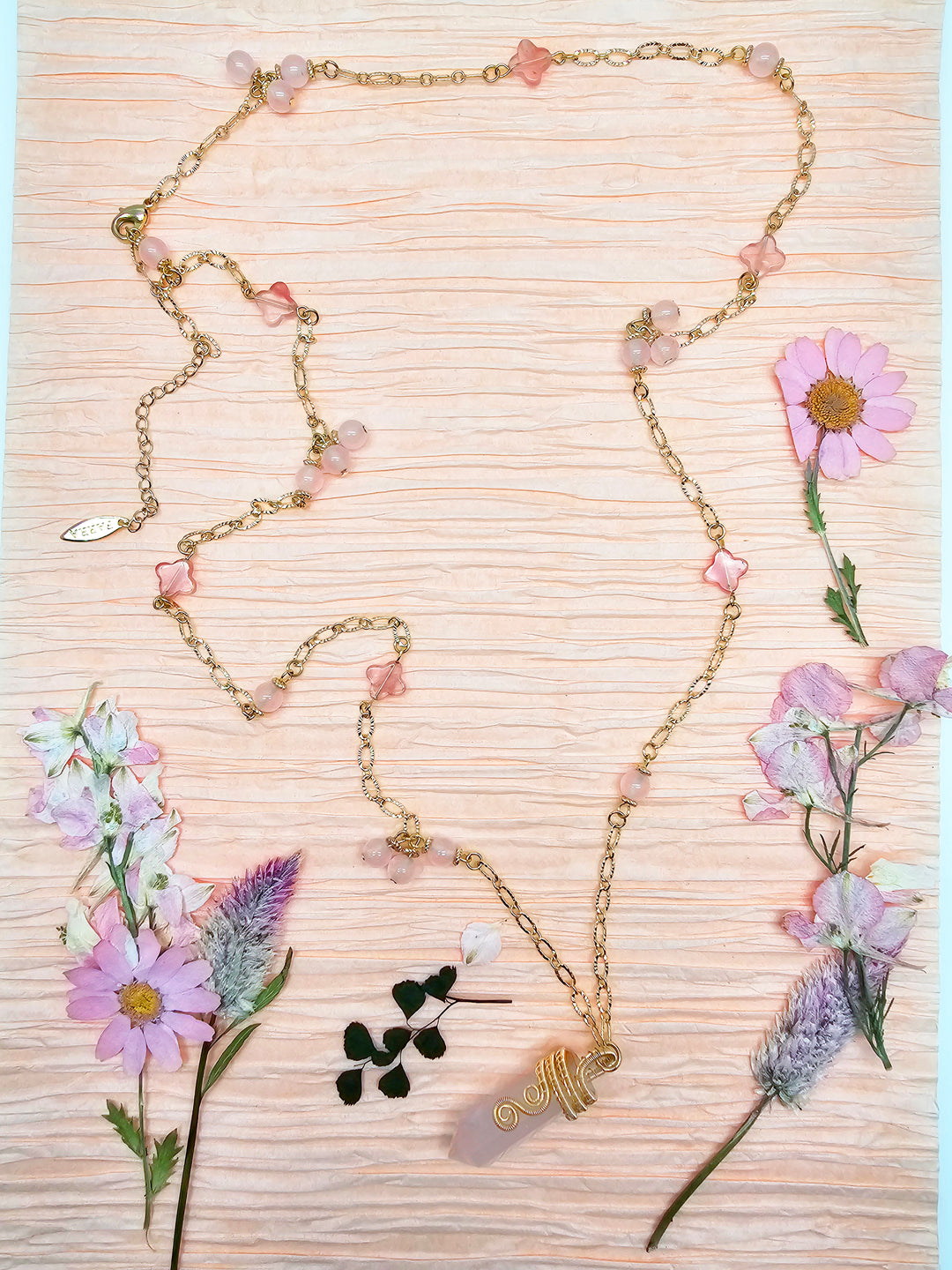 Wire-Wrapped Rose Quartz Pendant With Watermelon Flower Long Necklace RN016