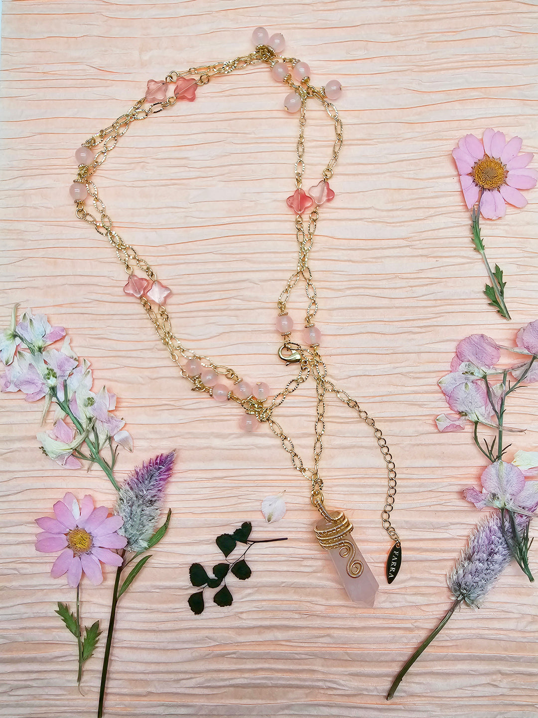 Wire-Wrapped Rose Quartz Pendant With Watermelon Flower Long Necklace RN016