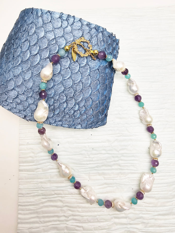Elegant Baroque Pearls With Amethyst & Amazonite Necklace RN002
