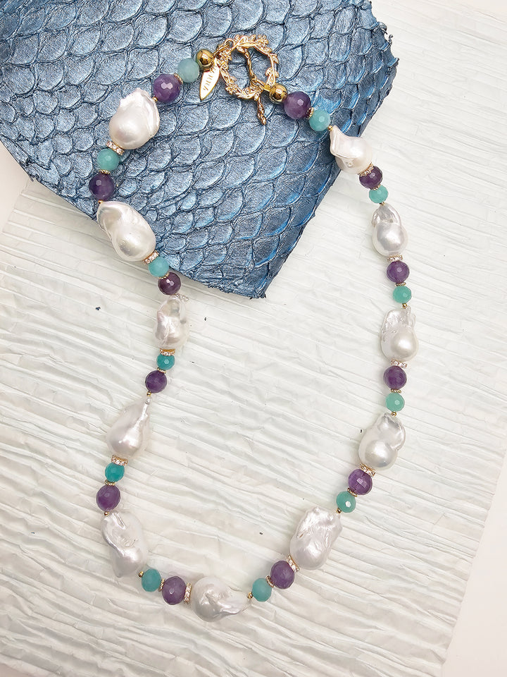 Elegant Baroque Pearls With Amethyst & Amazonite Necklace RN002