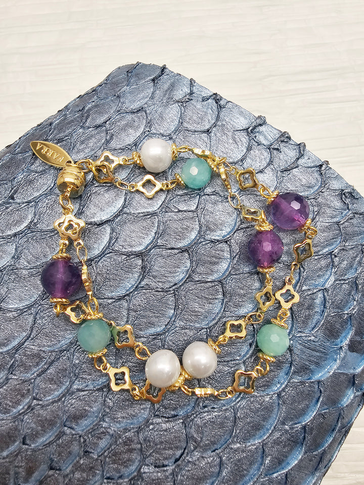Multi-color Gemstone With Pearls Double Layers Chain Bracelet RB002