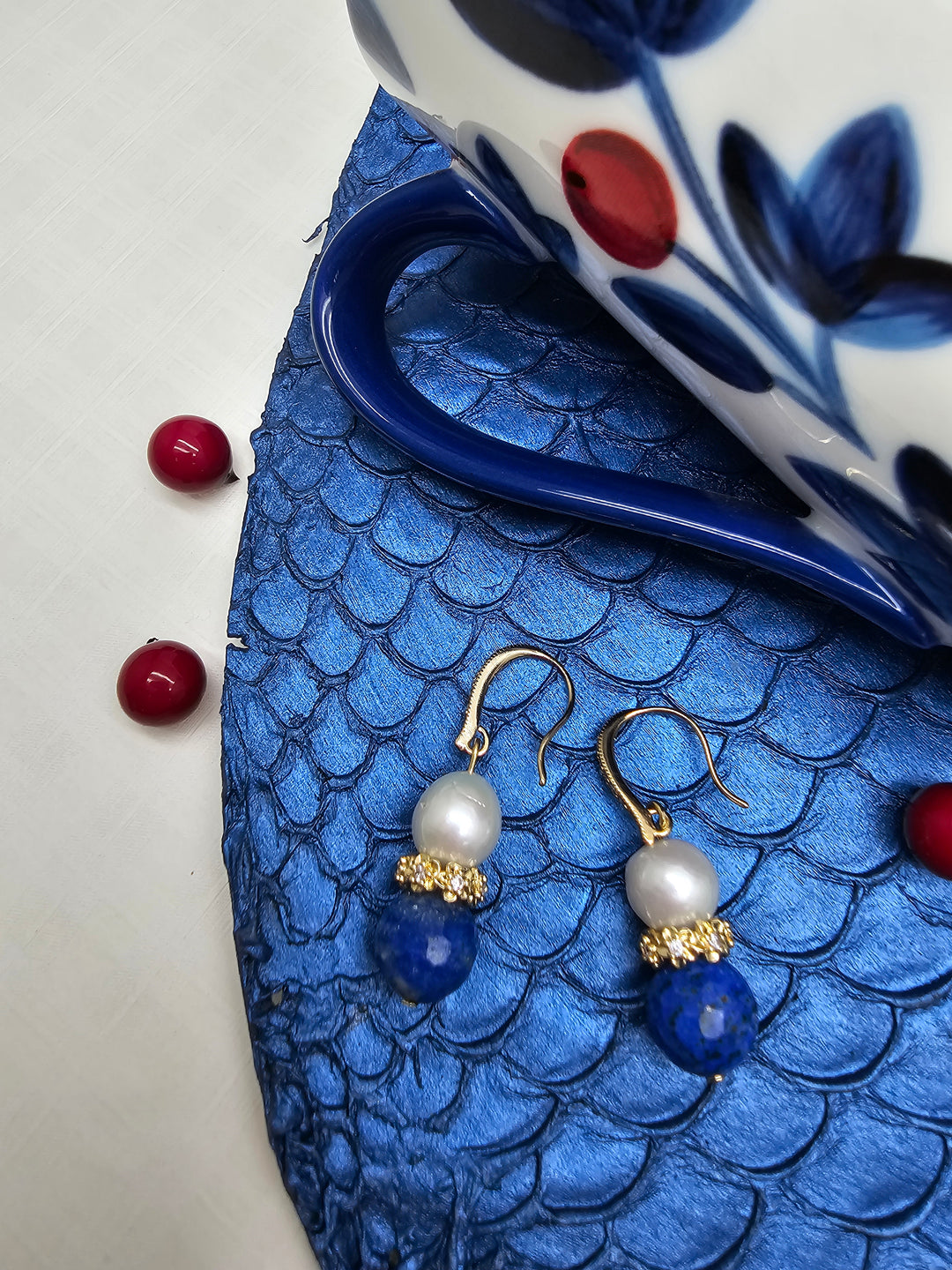 Royal Blue Lapis & Pearl Floral Dangle Earrings RE025