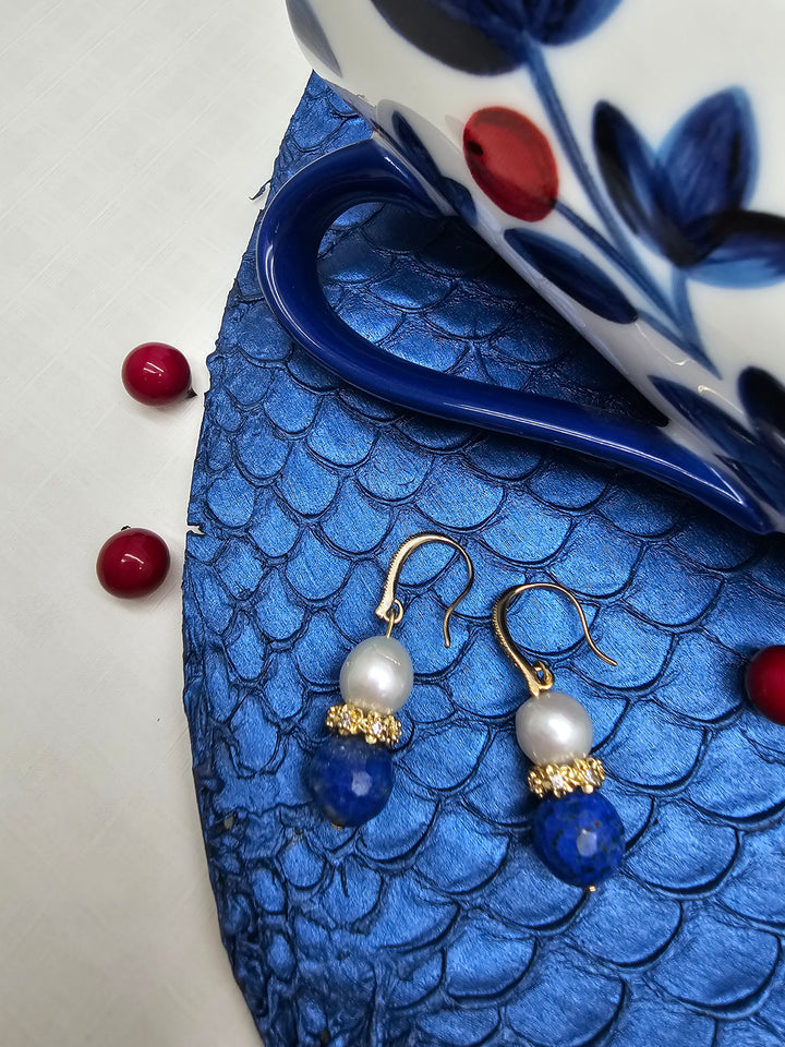 Royal Blue Lapis & Pearl Floral Dangle Earrings RE025