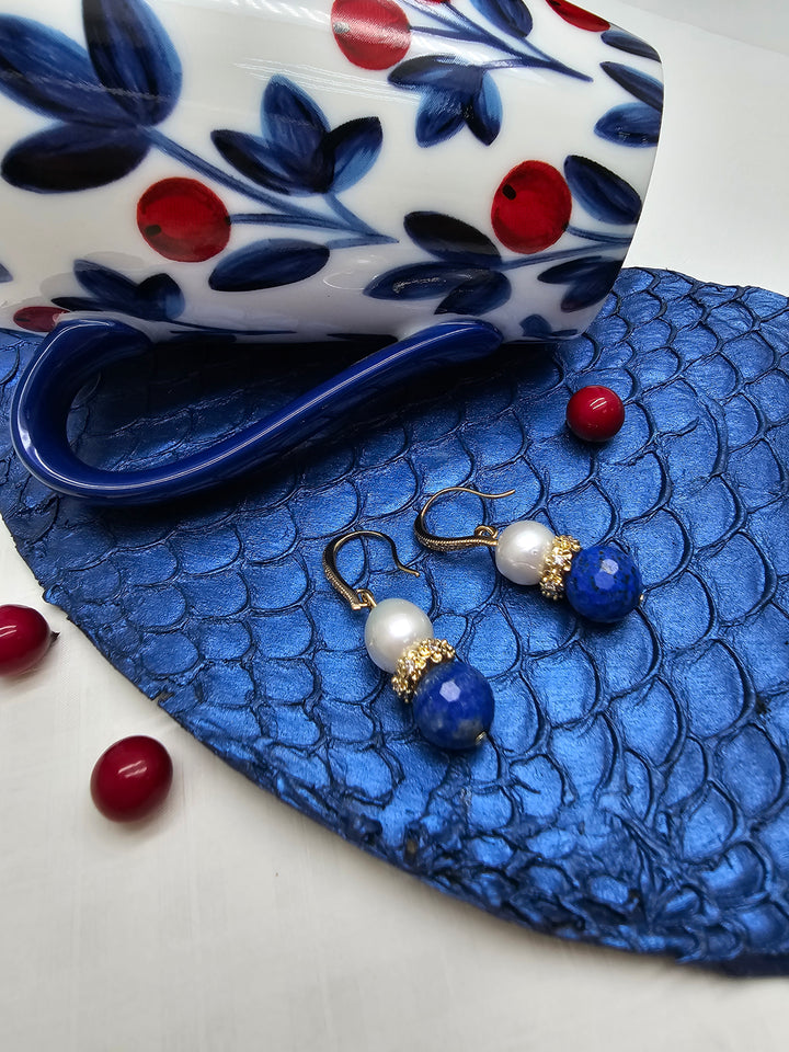 Royal Blue Lapis & Pearl Floral Dangle Earrings RE025