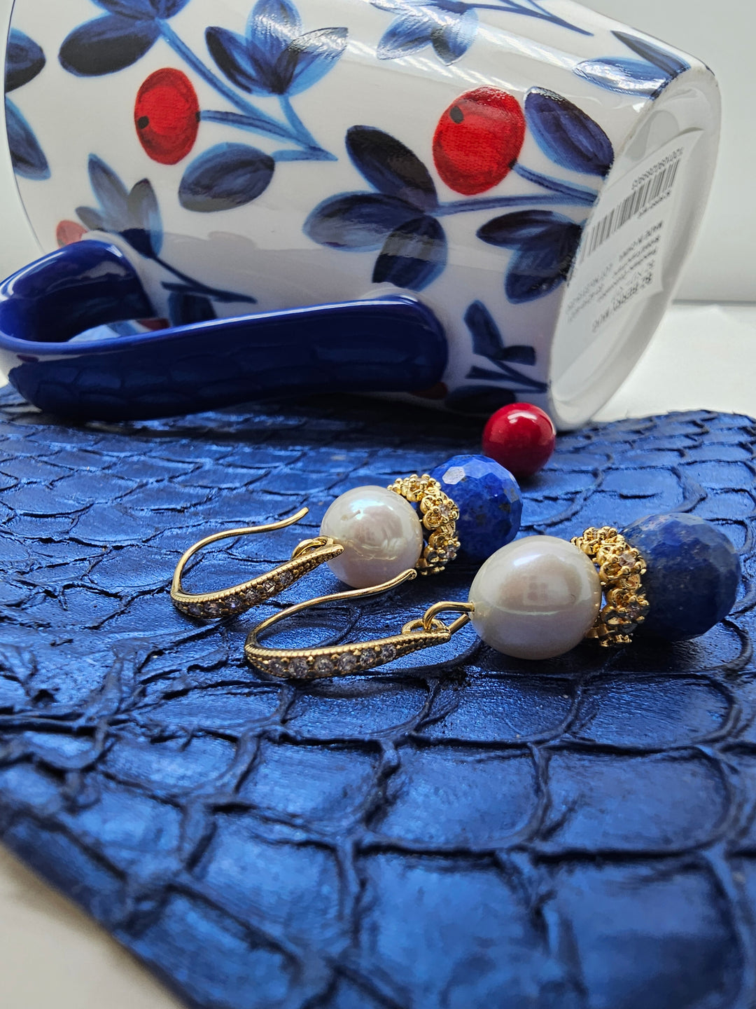 Royal Blue Lapis & Pearl Floral Dangle Earrings RE025