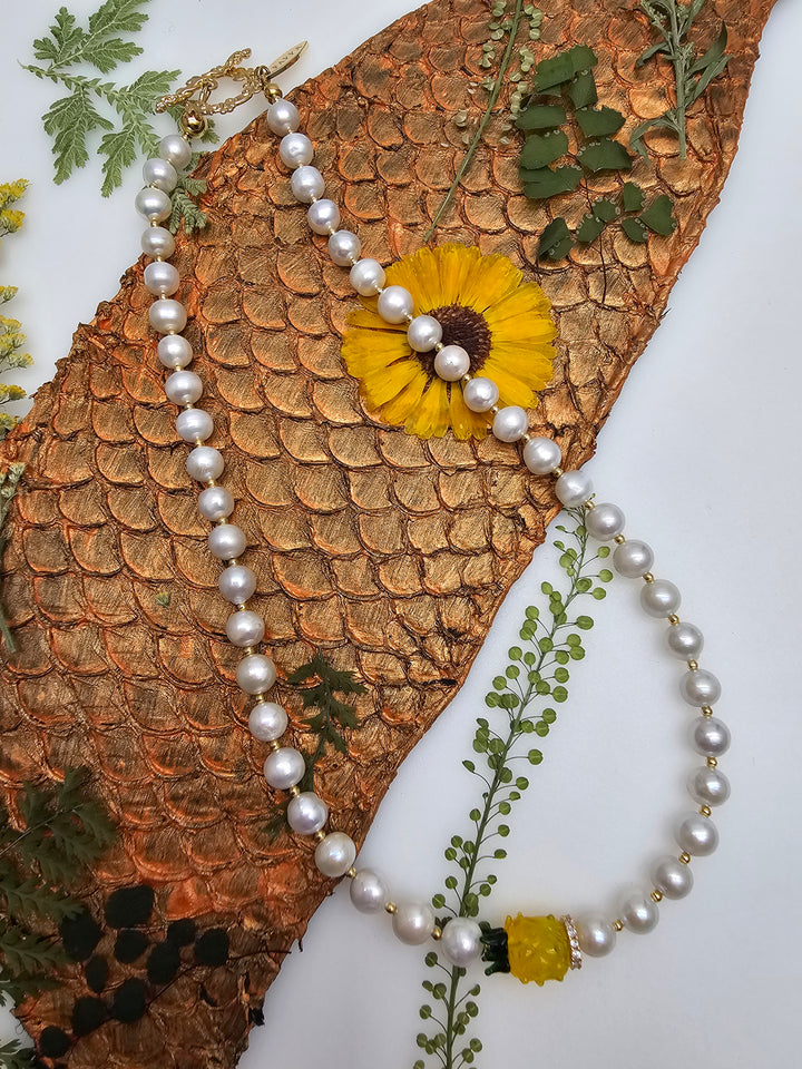 Freshwater Pearl With Yellow Pineapple Pendant Necklace RN008