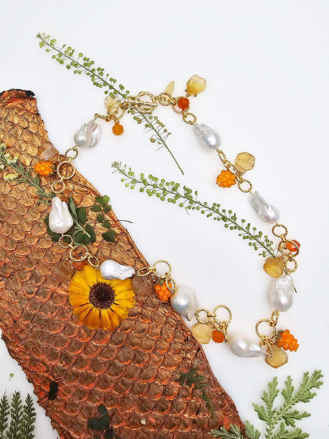 Garden Floral Baroque Pearl Necklace with Orange Raspberry & Citrine RN010