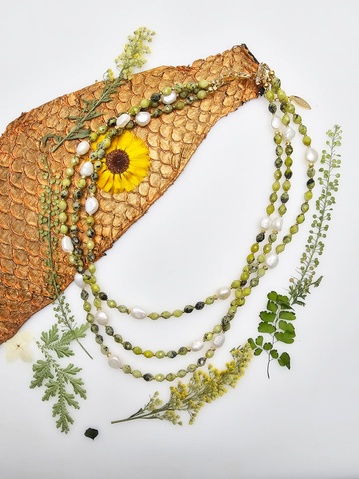 Green Gemstone With Pearls Multi-layers Necklace RN012