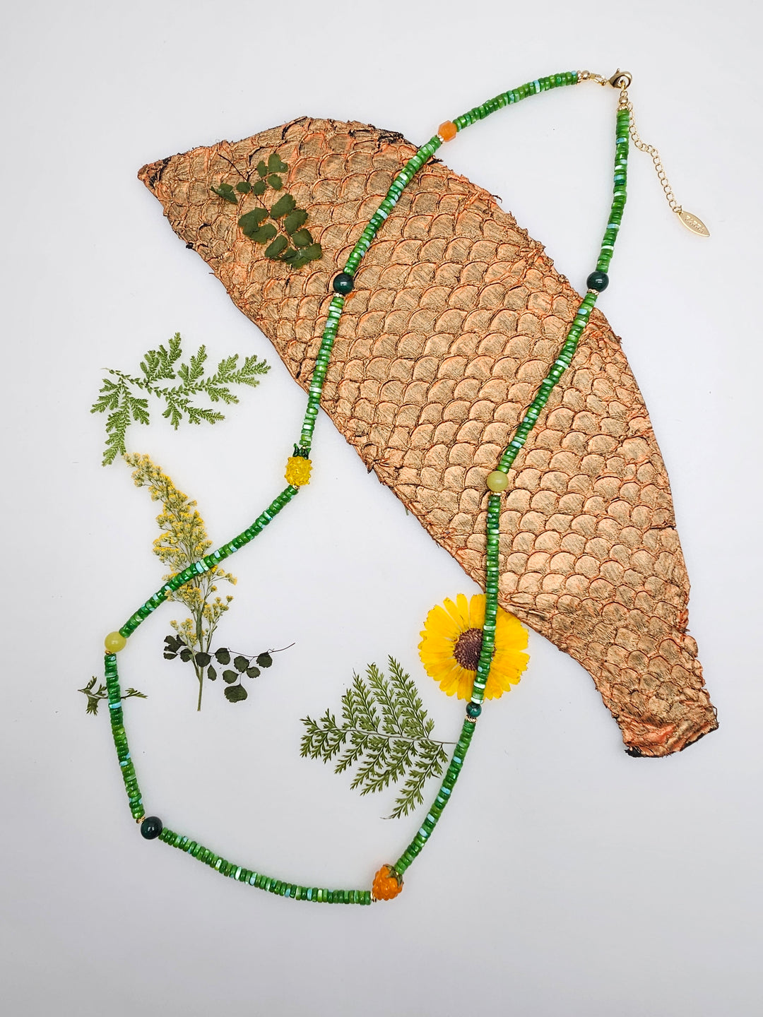 Colorful Gemstone And Fruit Charms Adorned Green Shell Necklace RN007