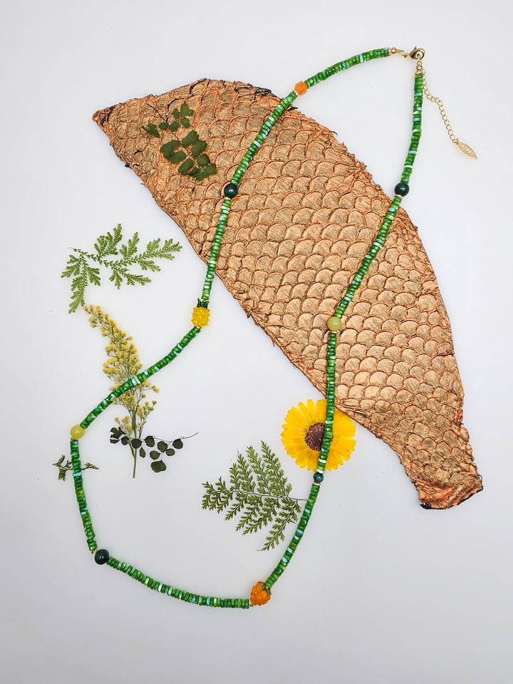 Colorful Gemstone And Fruit Charms Adorned Green Shell Necklace RN007