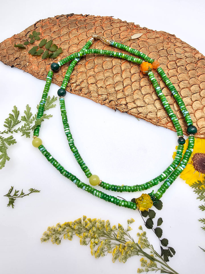 Colorful Gemstone And Fruit Charms Adorned Green Shell Necklace RN007