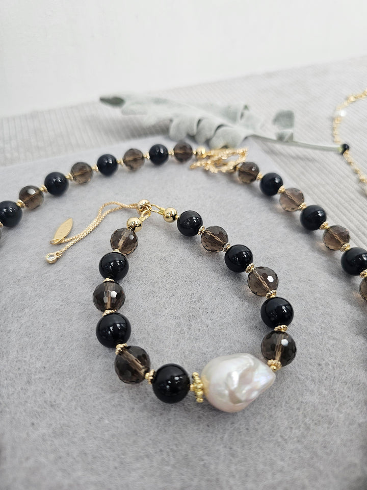 Black Obsidian And Smoky Quartz With Baroque Pearl Bracelet SB024