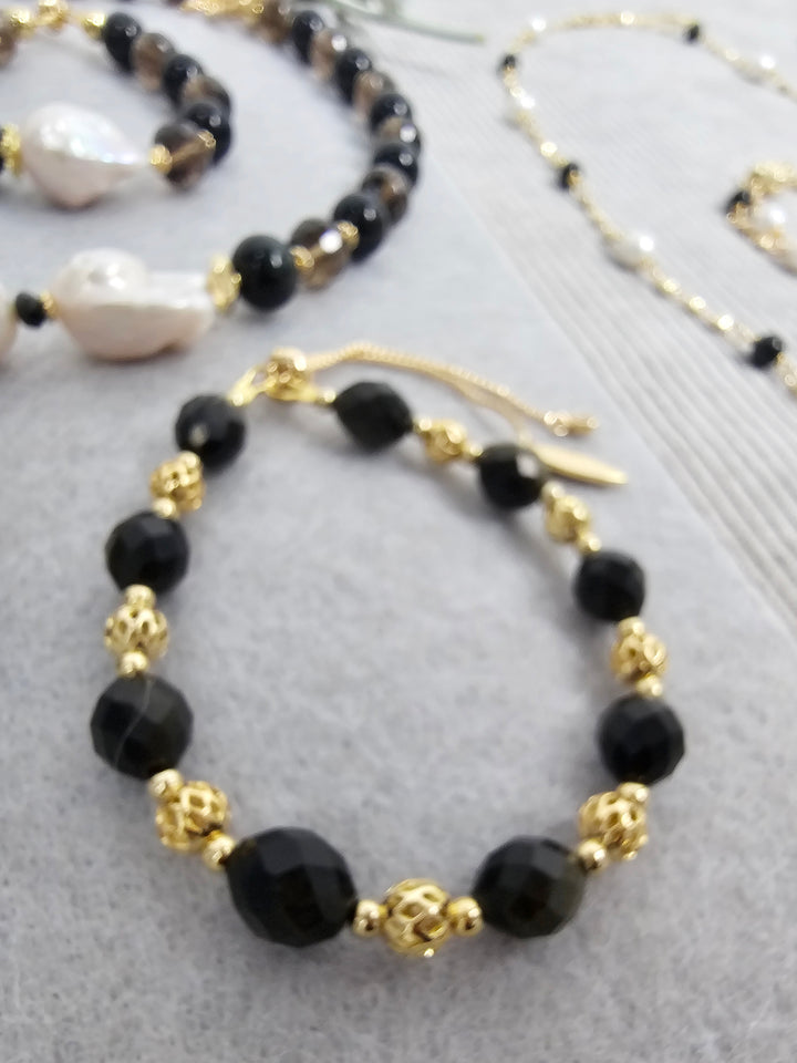 Romantic Style Oval Black Obsidian Adjustable Bracelet SB025