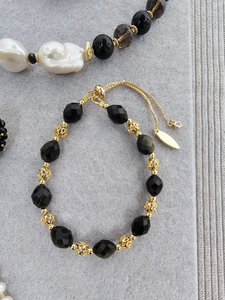 Romantic Style Oval Black Obsidian Adjustable Bracelet SB025