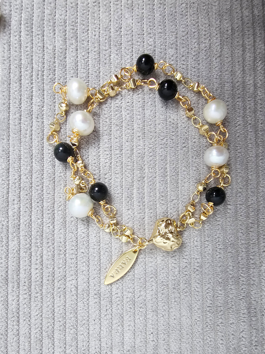 Black Obsidian And White Freshwater Pearl Double Layers Magnetic Clasp Bracelet SB026
