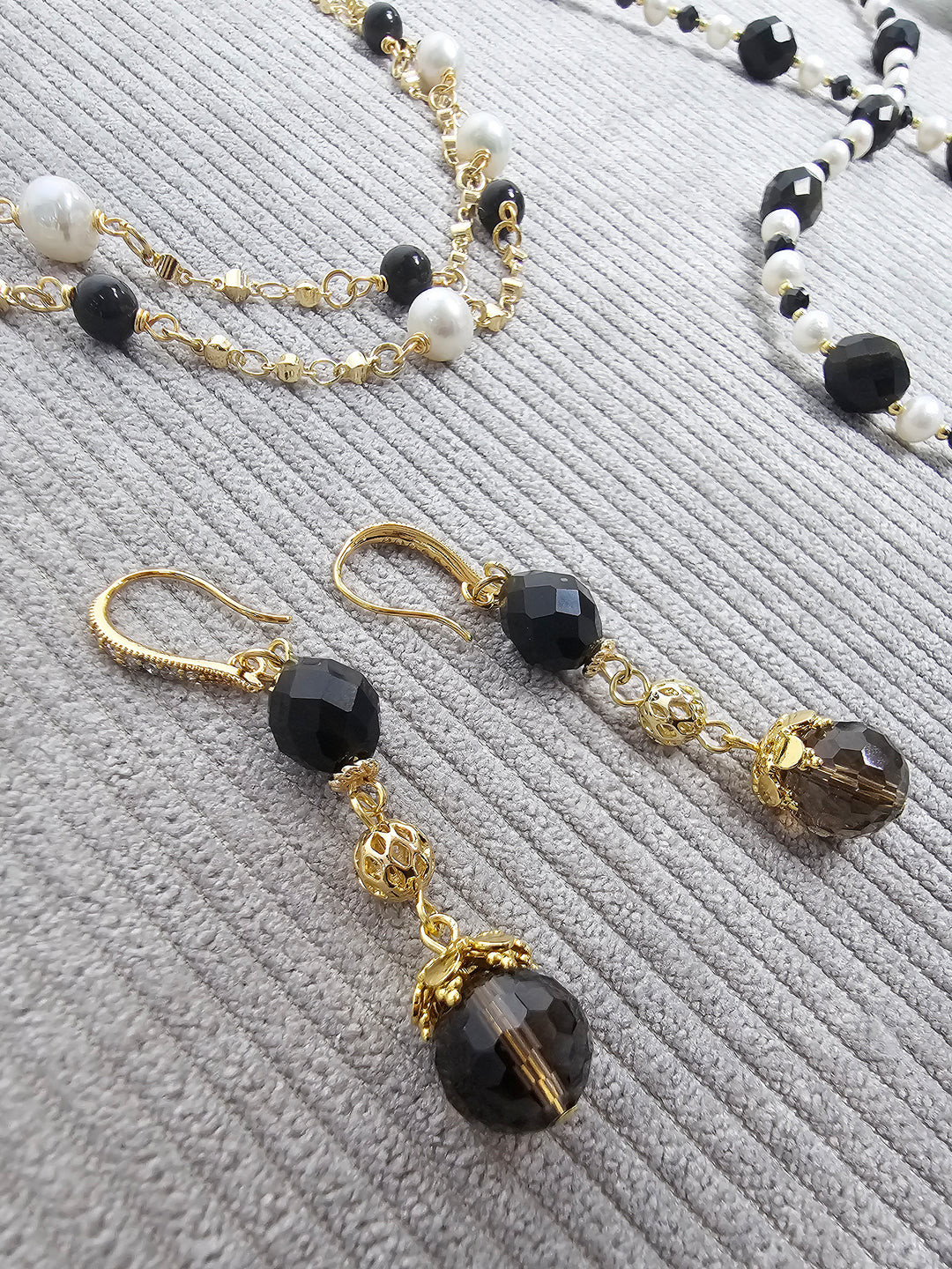 Black Obsidian With Smoky Quartz Dangle Earrings SE029