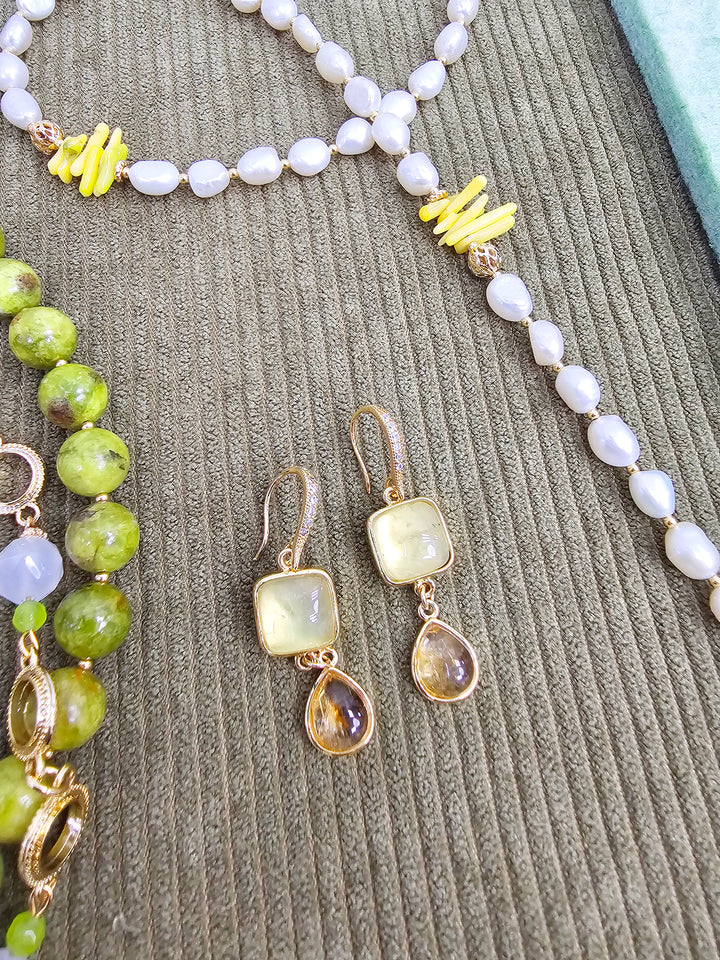Prehnite With Teardrop Cotrine Dangle Earrings SE019
