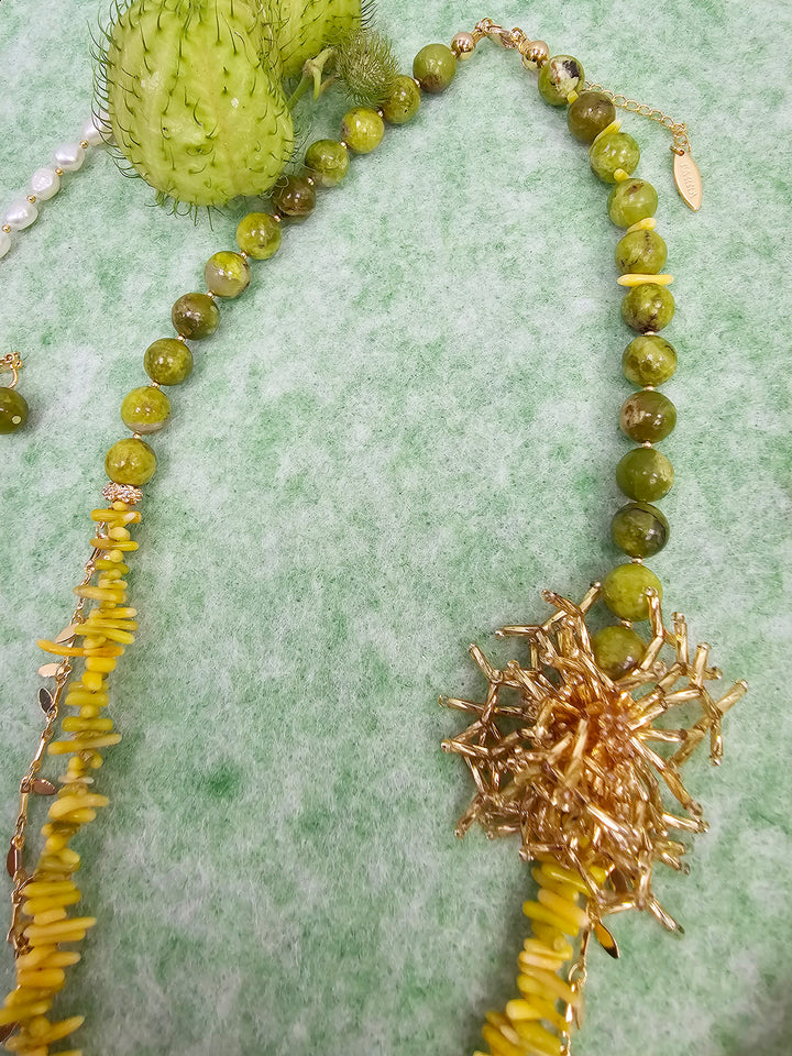Boho Chic Green Opal And Yellow Bamboo Coral With Removable Pin Necklace SN033