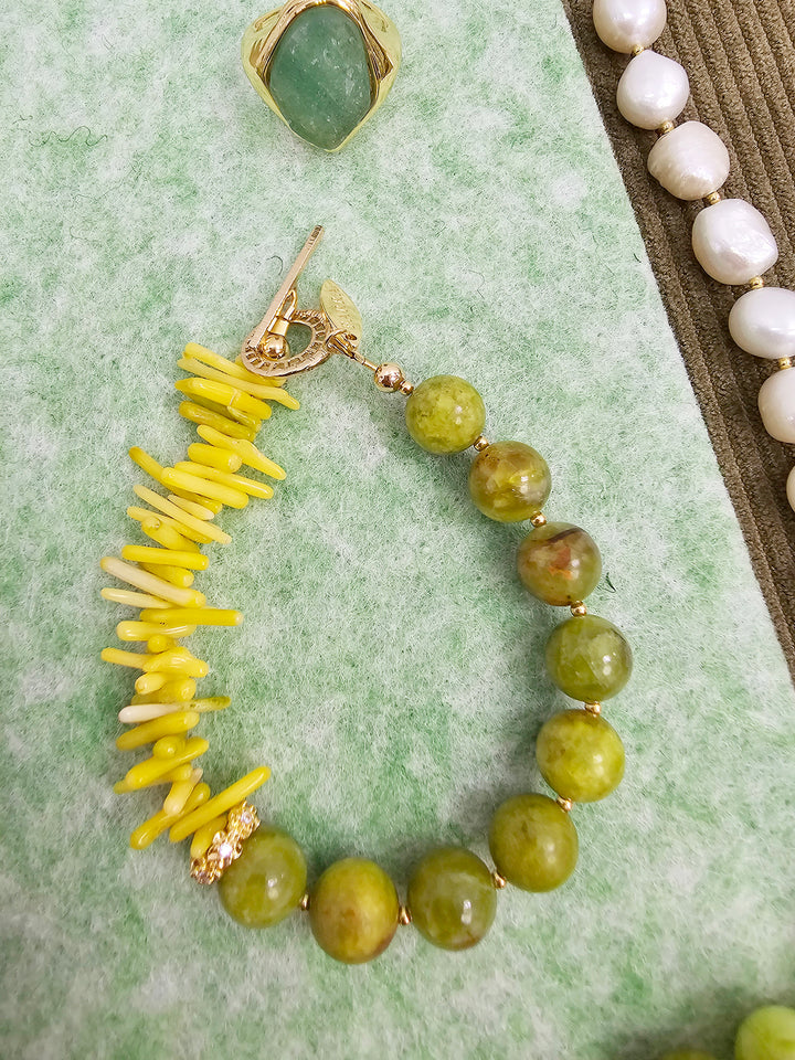 Natural-Inspired Green Opal With Yellow Bamboo Coral Bracelet SB019