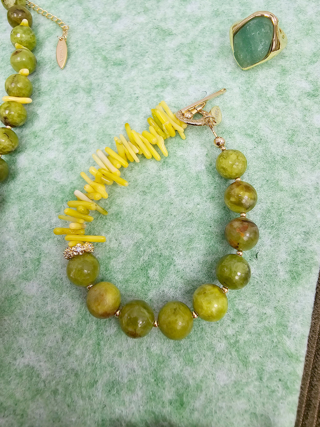 Natural-Inspired Green Opal With Yellow Bamboo Coral Bracelet SB019